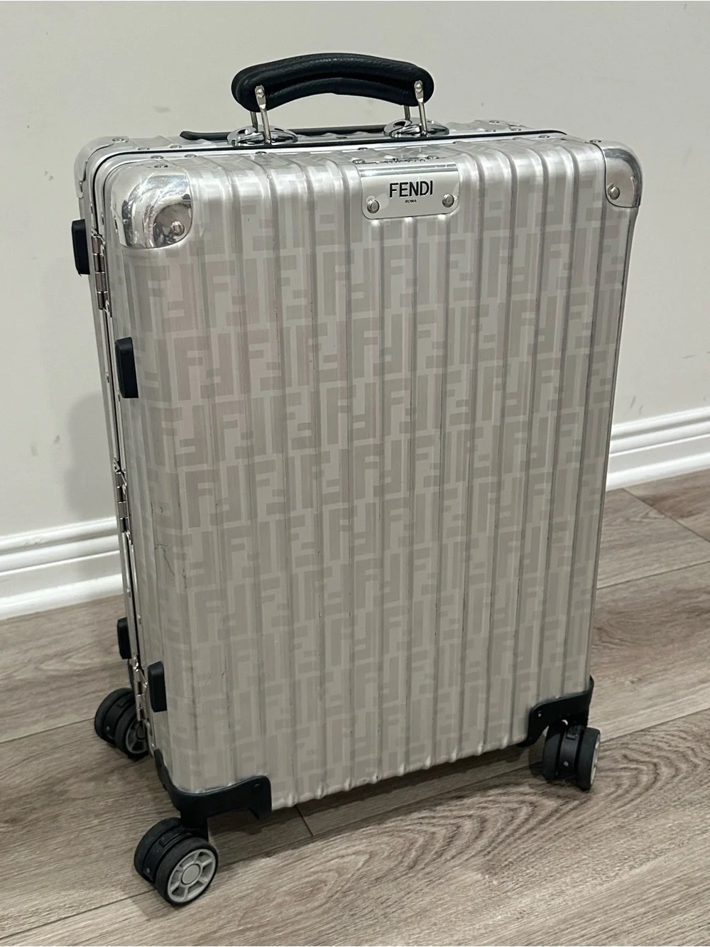 Fendi x Rimowa Silver Aluminum Hardcase Carry-On with Black Handle